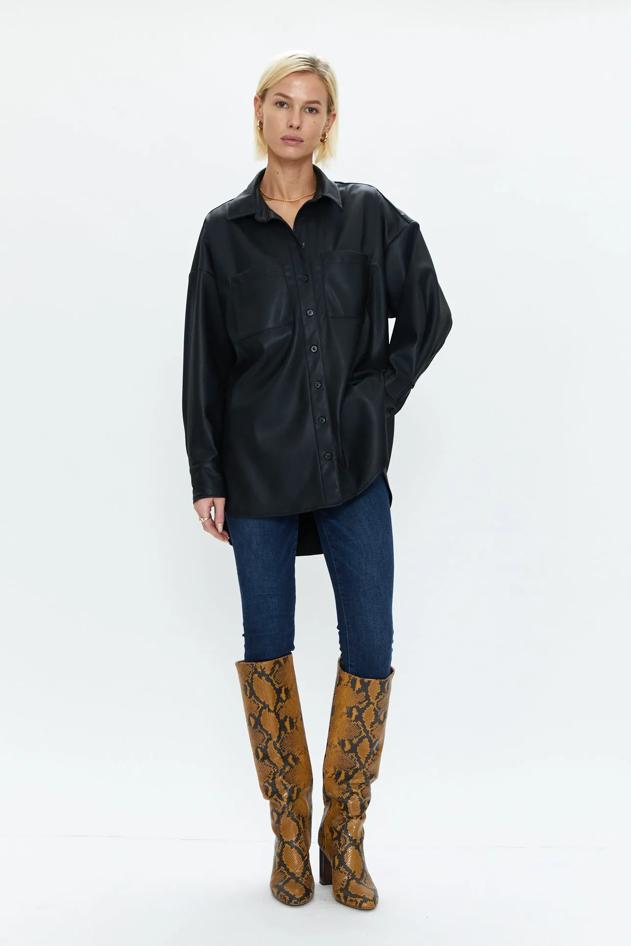 Rena Button Down Tunic Shirt - Slate Black