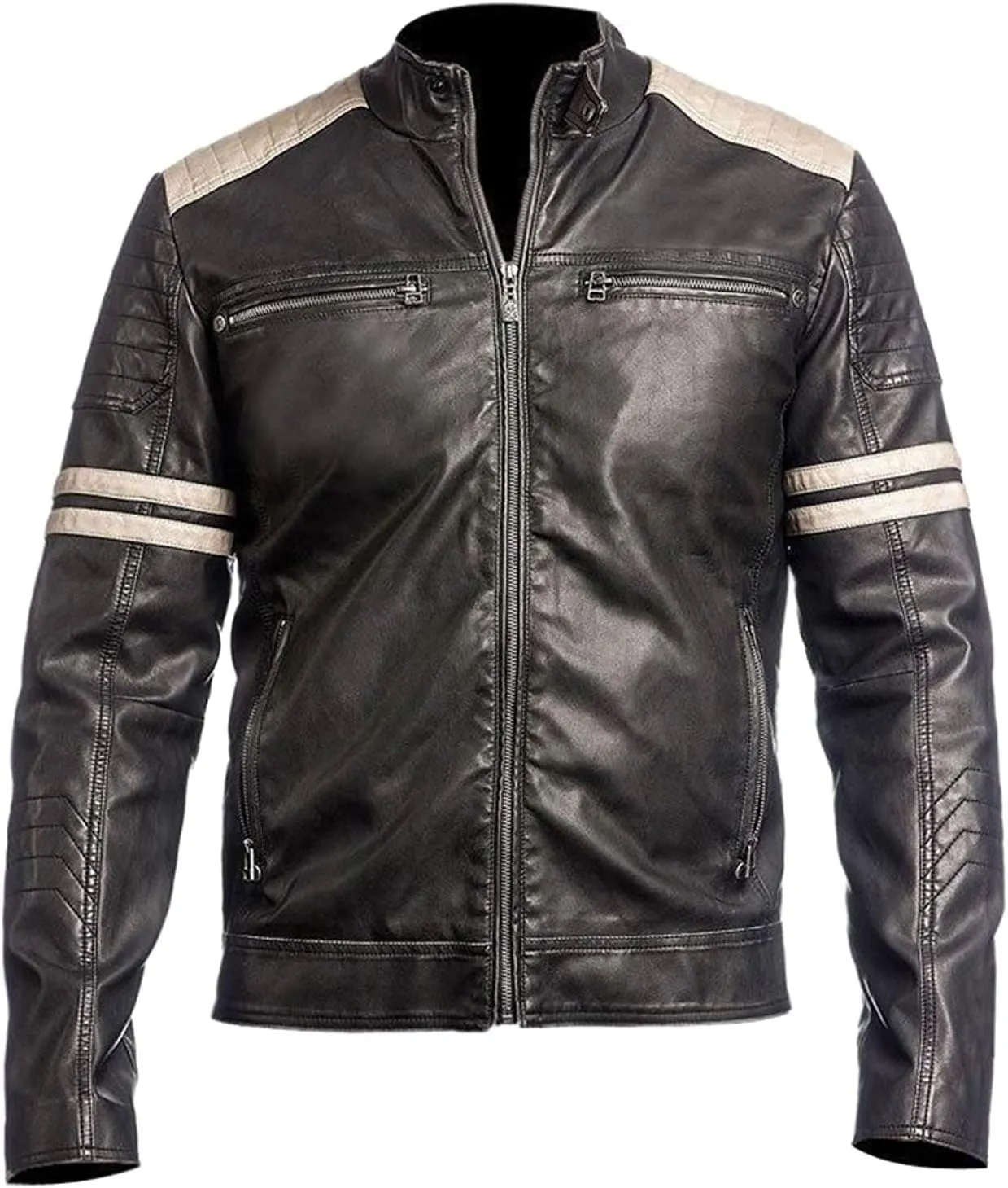 Retro Hybrid Vintage Cafe Racer Distressed White Stripes Biker Leather Black Jacket, Large