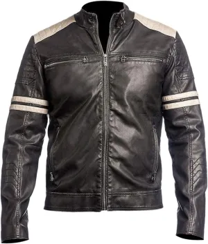 Retro Hybrid Vintage Cafe Racer Distressed White Stripes Biker Leather Black Jacket, Large