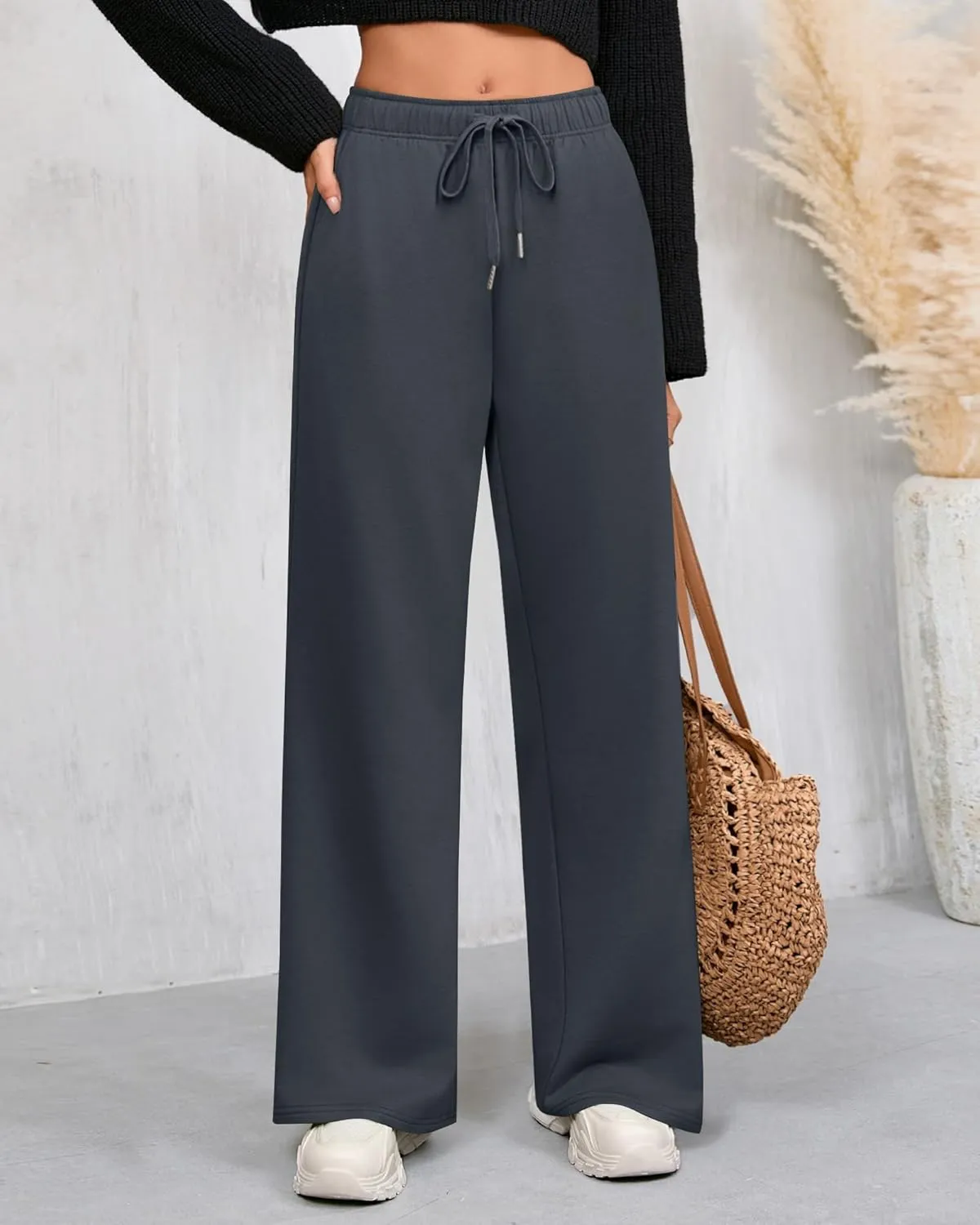 Riyiper 3 Pack Women Wide Leg Sweatpants Drawstring Straight Pants Elastic Waist Joggers Open Bottom Sweatpants with Pockets