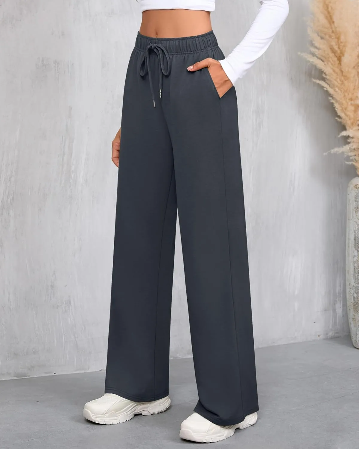 Riyiper 3 Pack Women Wide Leg Sweatpants Drawstring Straight Pants Elastic Waist Joggers Open Bottom Sweatpants with Pockets
