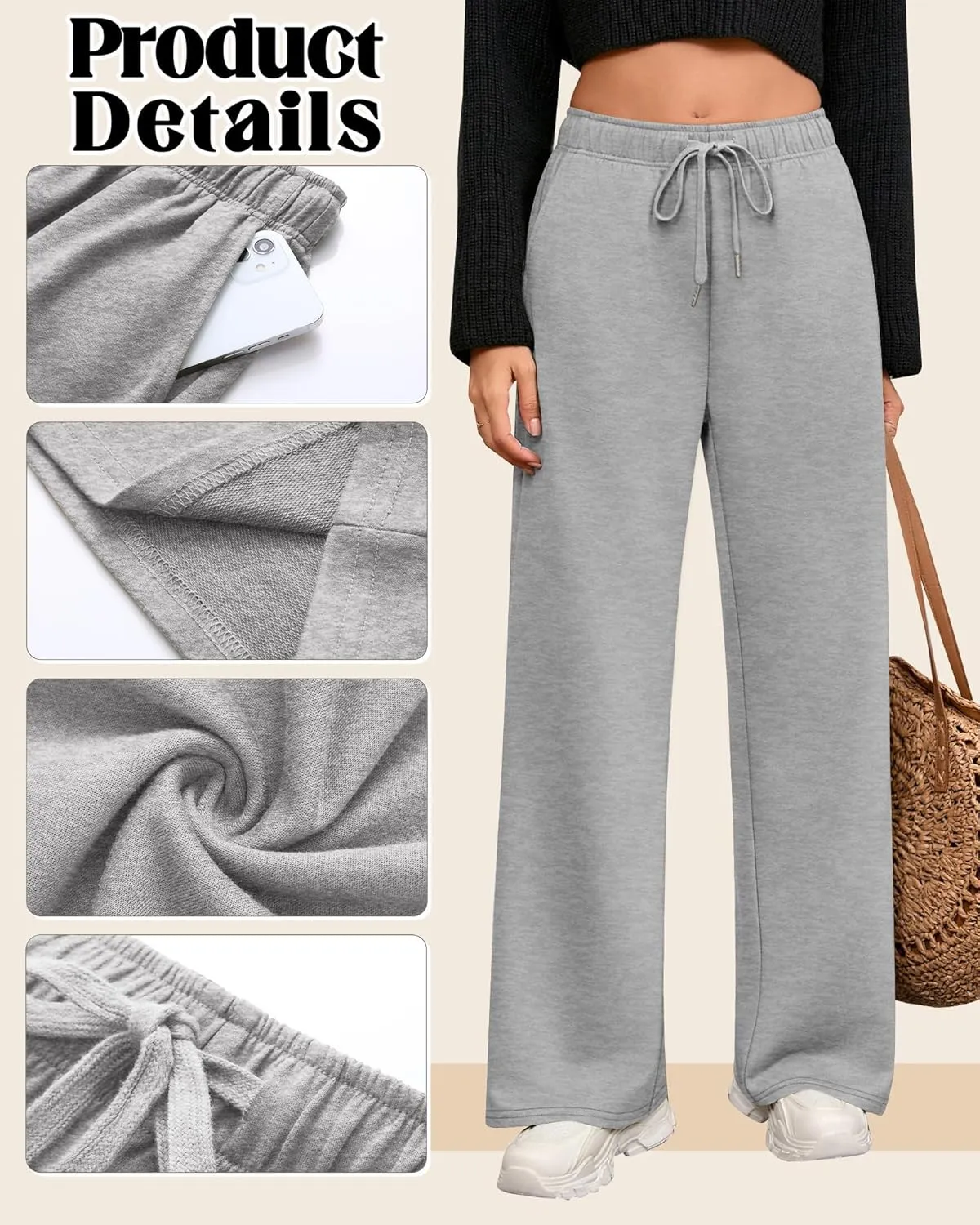 Riyiper 3 Pack Women Wide Leg Sweatpants Drawstring Straight Pants Elastic Waist Joggers Open Bottom Sweatpants with Pockets