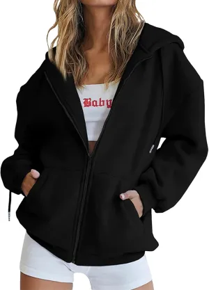 Ruziyoog Fall Sweatshirts for Women Oversized Casual Full-Zip Hoodie Drawstring Jacket with Pockets Teen Girl Y2k Clothing