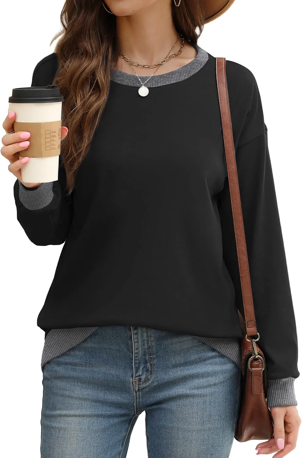 Saloogoe Sweatshirts for Women Crewneck Long Sleeve Loose Fit Tops Color Block Ribbed Trim Fashion 2024