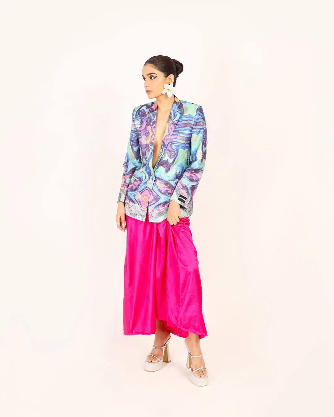 Samsara Holographic Silk Blazer And Skirt Set