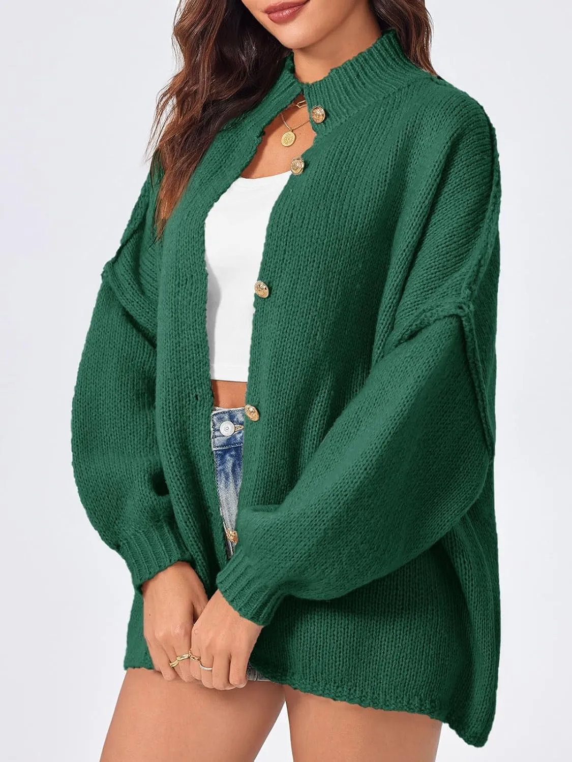 Saodimallsu Womens Oversized Cardigans Long Lantern Sleeve Button Down Chunky Knit Loose Fall Sweater Coats