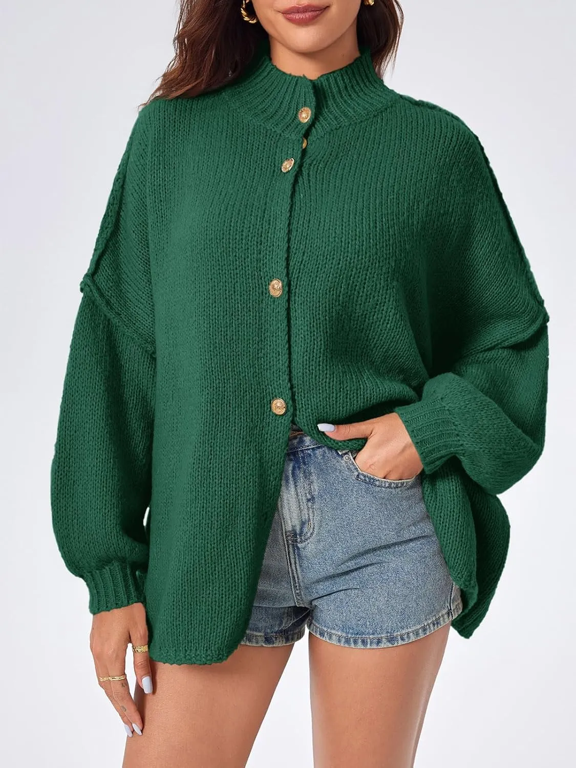 Saodimallsu Womens Oversized Cardigans Long Lantern Sleeve Button Down Chunky Knit Loose Fall Sweater Coats