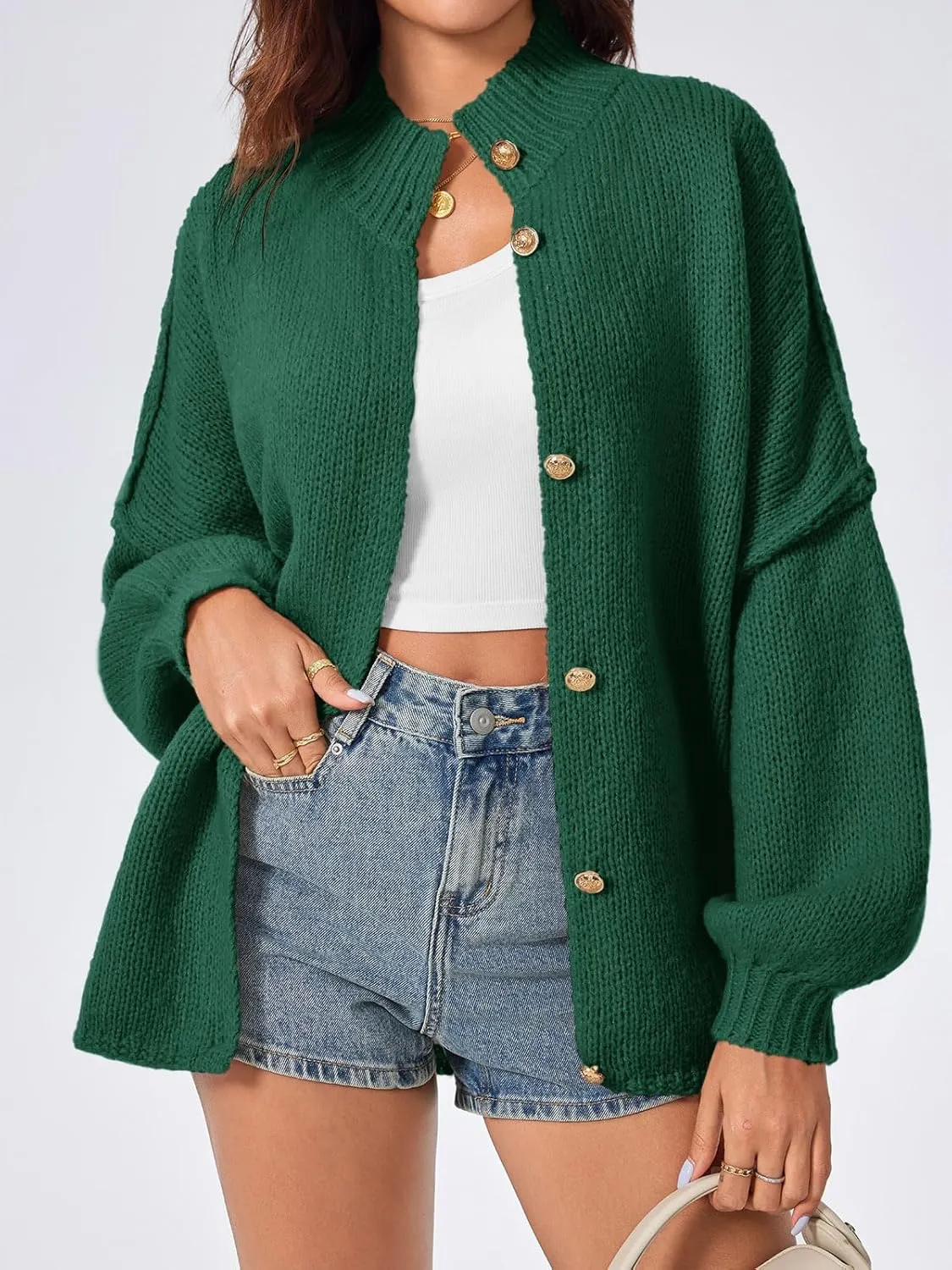 Saodimallsu Womens Oversized Cardigans Long Lantern Sleeve Button Down Chunky Knit Loose Fall Sweater Coats
