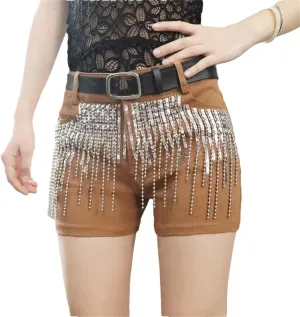 Sequins Tassels Denim Shorts Women's Summer Slim Hot Pants Casual Short Jeans