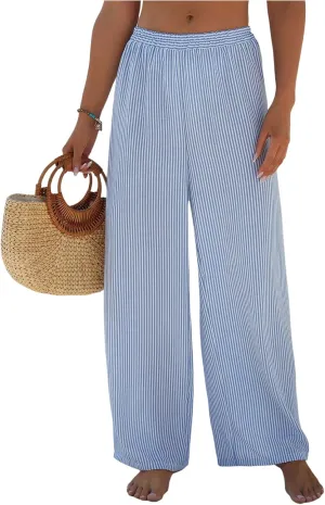 SHENHE Women's Striped Wide Leg Palazzo Pants Swimsuit Coverups Elastic Waist Beach Trousers