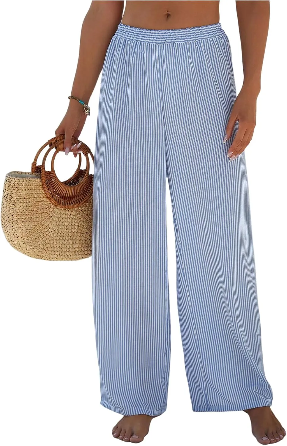 SHENHE Women's Striped Wide Leg Palazzo Pants Swimsuit Coverups Elastic Waist Beach Trousers