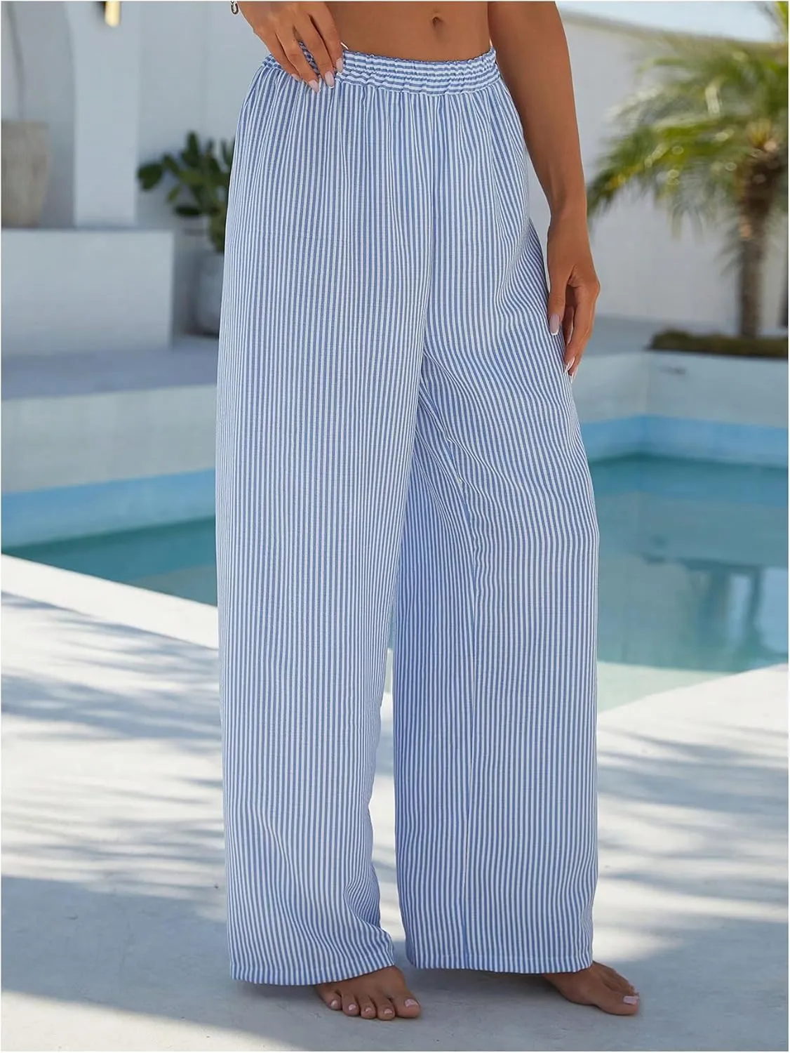 SHENHE Women's Striped Wide Leg Palazzo Pants Swimsuit Coverups Elastic Waist Beach Trousers