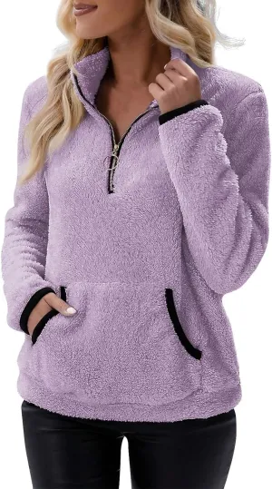 Sherpa Quarter Zip Pullover Women Fleece Lined Half Zip Sweatshirts Winter Warm Sweaters Jacket Coats