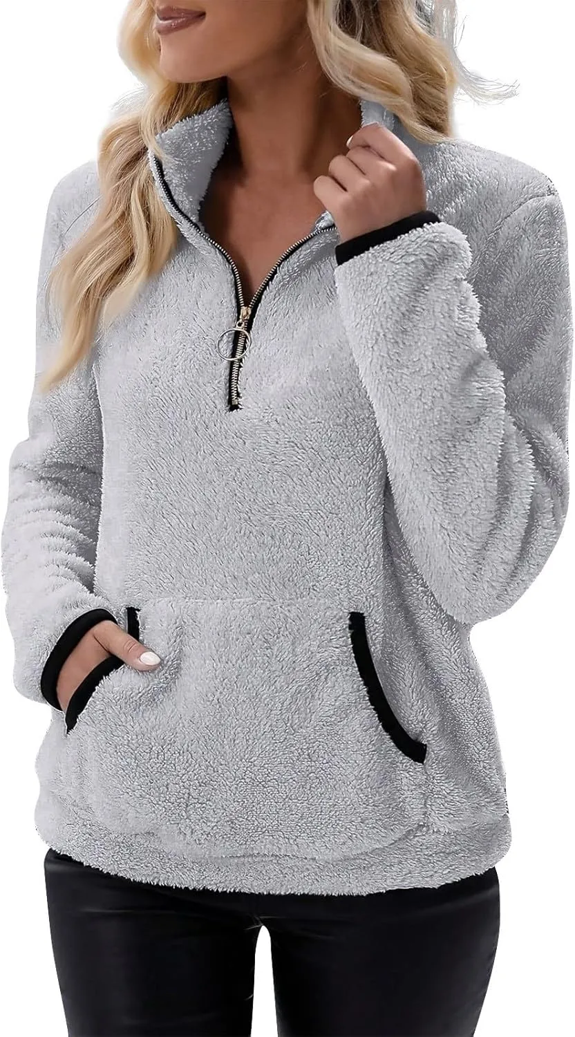 Sherpa Quarter Zip Pullover Women Fleece Lined Half Zip Sweatshirts Winter Warm Sweaters Jacket Coats