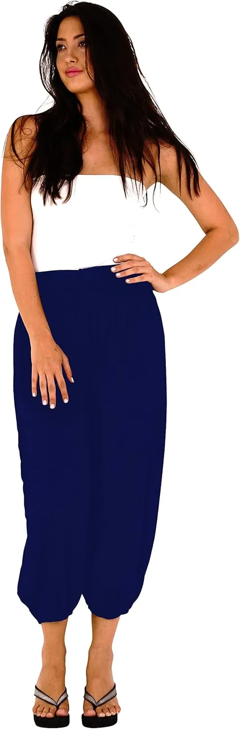 SHU-SHI Womens Boho Harem Capris Pants Trousers Elastic Waist Loose Side Pocket