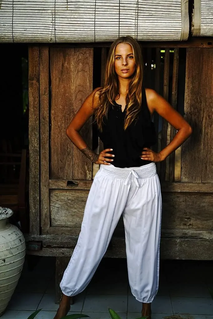 SHU-SHI Womens Boho Harem Capris Pants Trousers Elastic Waist Loose Side Pocket