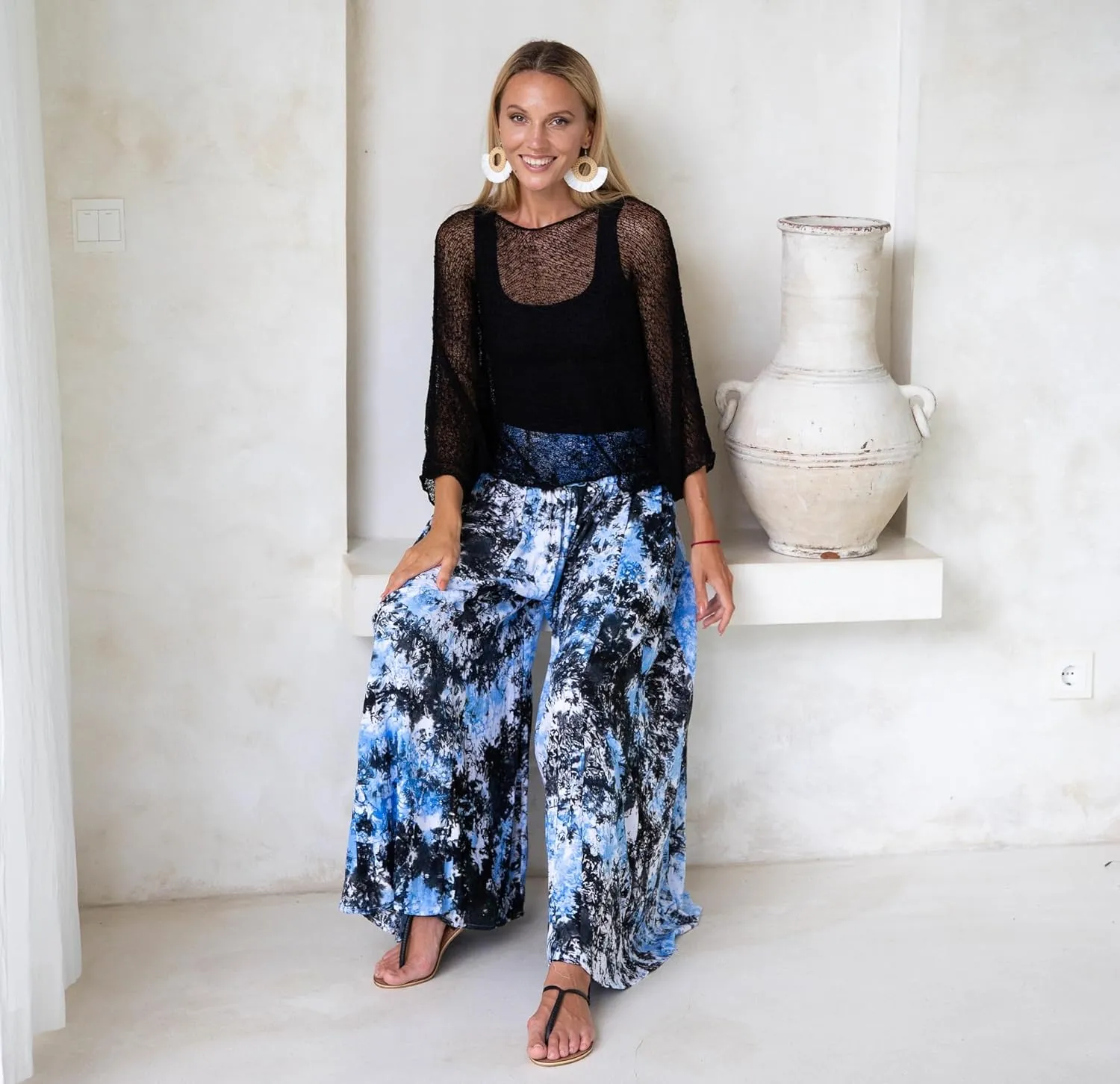 SHU-SHI Womens Palazzo Flowy Summer Pants Wide Leg Lounge Trousers Elastic Waist Side Pockets