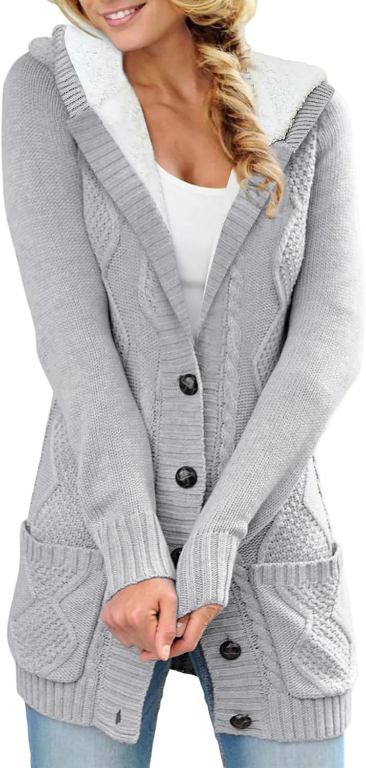 Sidefeel Women's Cardigan Sweaters Hooded Fleece Lined Button Down Front Jackets Winter Coat with Pockets