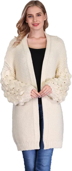 SIMPLY COUTURE Women's Winter Open Front Pom Pom Long Sleeve Knit Cardigan Sweater