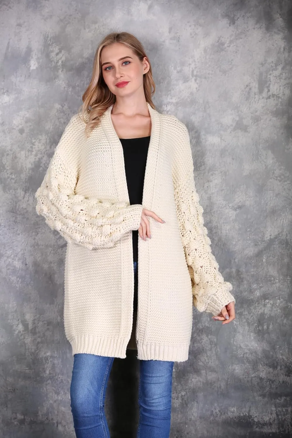 SIMPLY COUTURE Women's Winter Open Front Pom Pom Long Sleeve Knit Cardigan Sweater