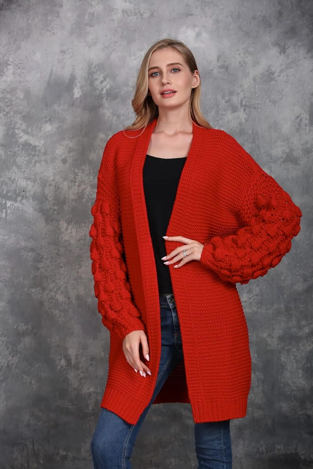 SIMPLY COUTURE Women's Winter Open Front Pom Pom Long Sleeve Knit Cardigan Sweater