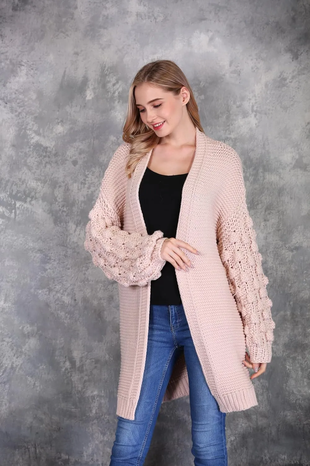 SIMPLY COUTURE Women's Winter Open Front Pom Pom Long Sleeve Knit Cardigan Sweater