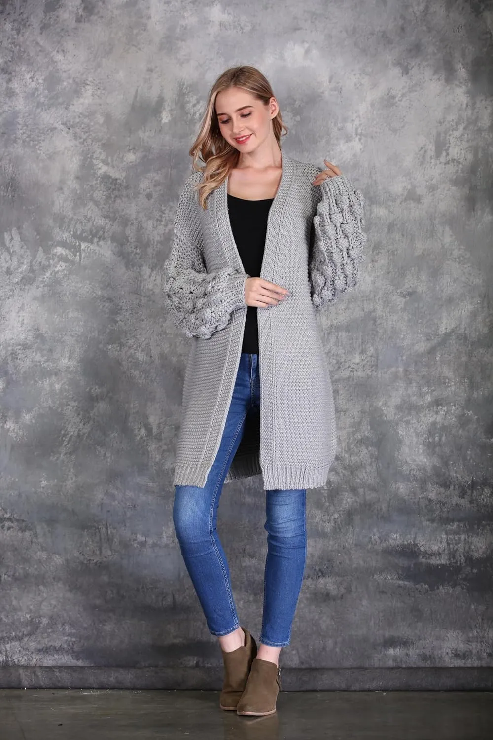 SIMPLY COUTURE Women's Winter Open Front Pom Pom Long Sleeve Knit Cardigan Sweater