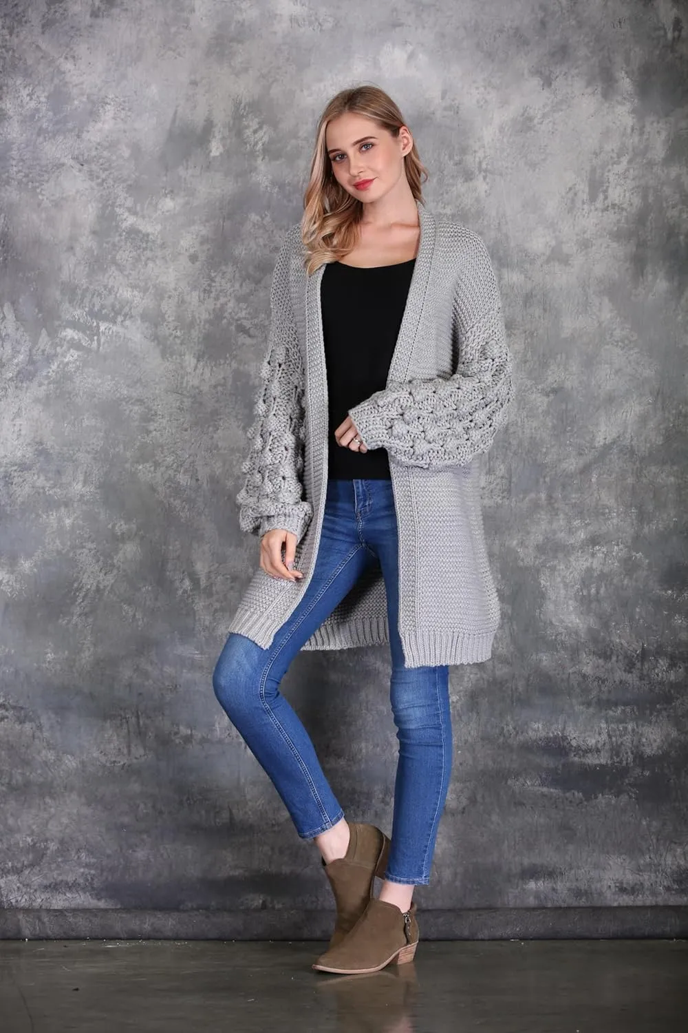 SIMPLY COUTURE Women's Winter Open Front Pom Pom Long Sleeve Knit Cardigan Sweater