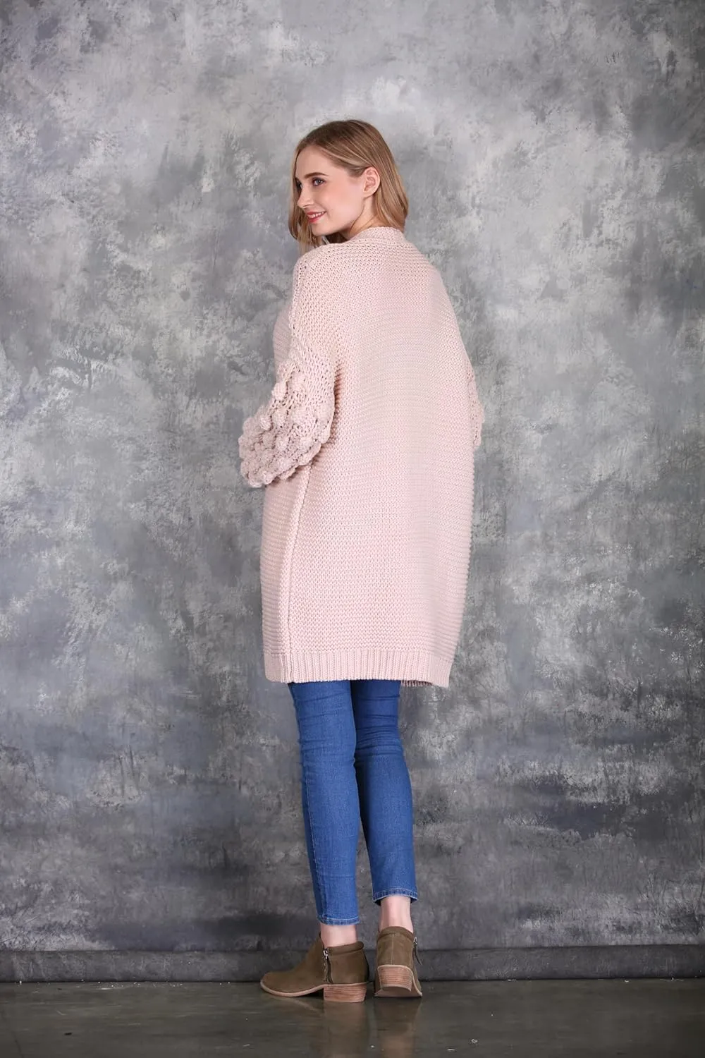 SIMPLY COUTURE Women's Winter Open Front Pom Pom Long Sleeve Knit Cardigan Sweater