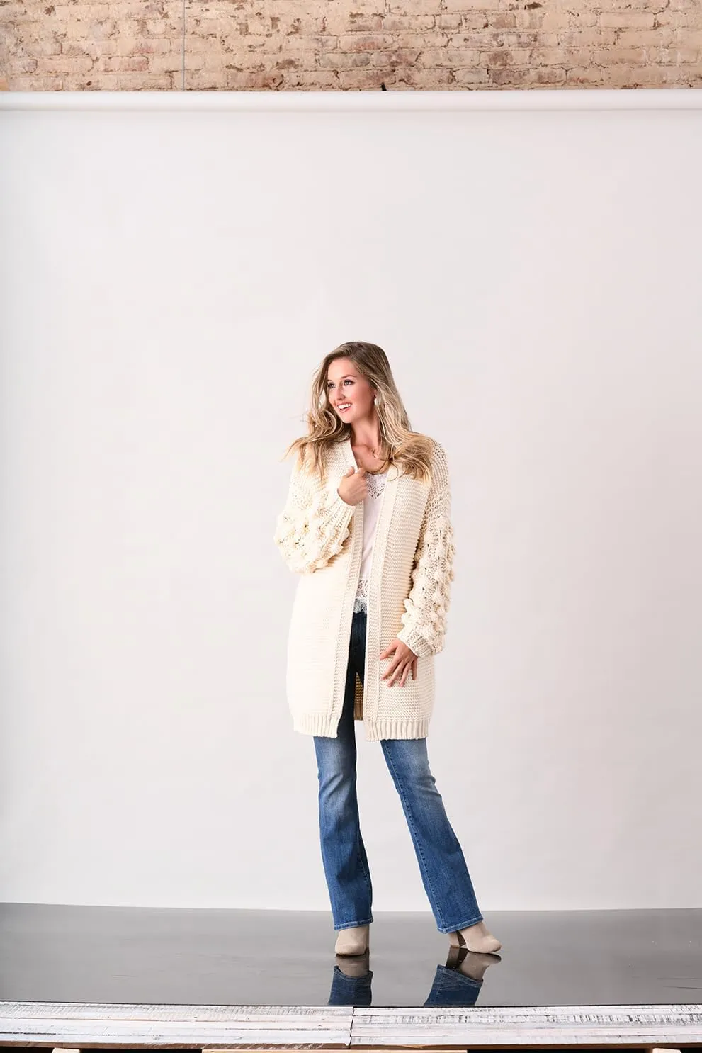 SIMPLY COUTURE Women's Winter Open Front Pom Pom Long Sleeve Knit Cardigan Sweater
