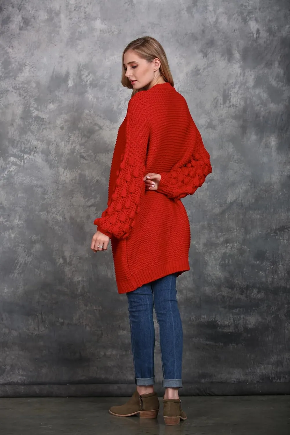 SIMPLY COUTURE Women's Winter Open Front Pom Pom Long Sleeve Knit Cardigan Sweater