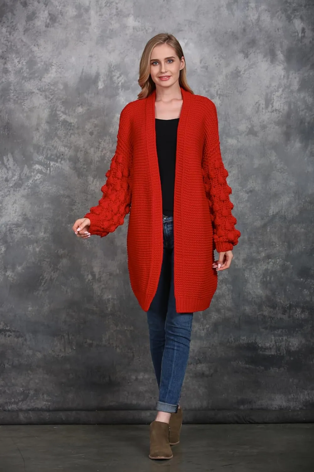 SIMPLY COUTURE Women's Winter Open Front Pom Pom Long Sleeve Knit Cardigan Sweater