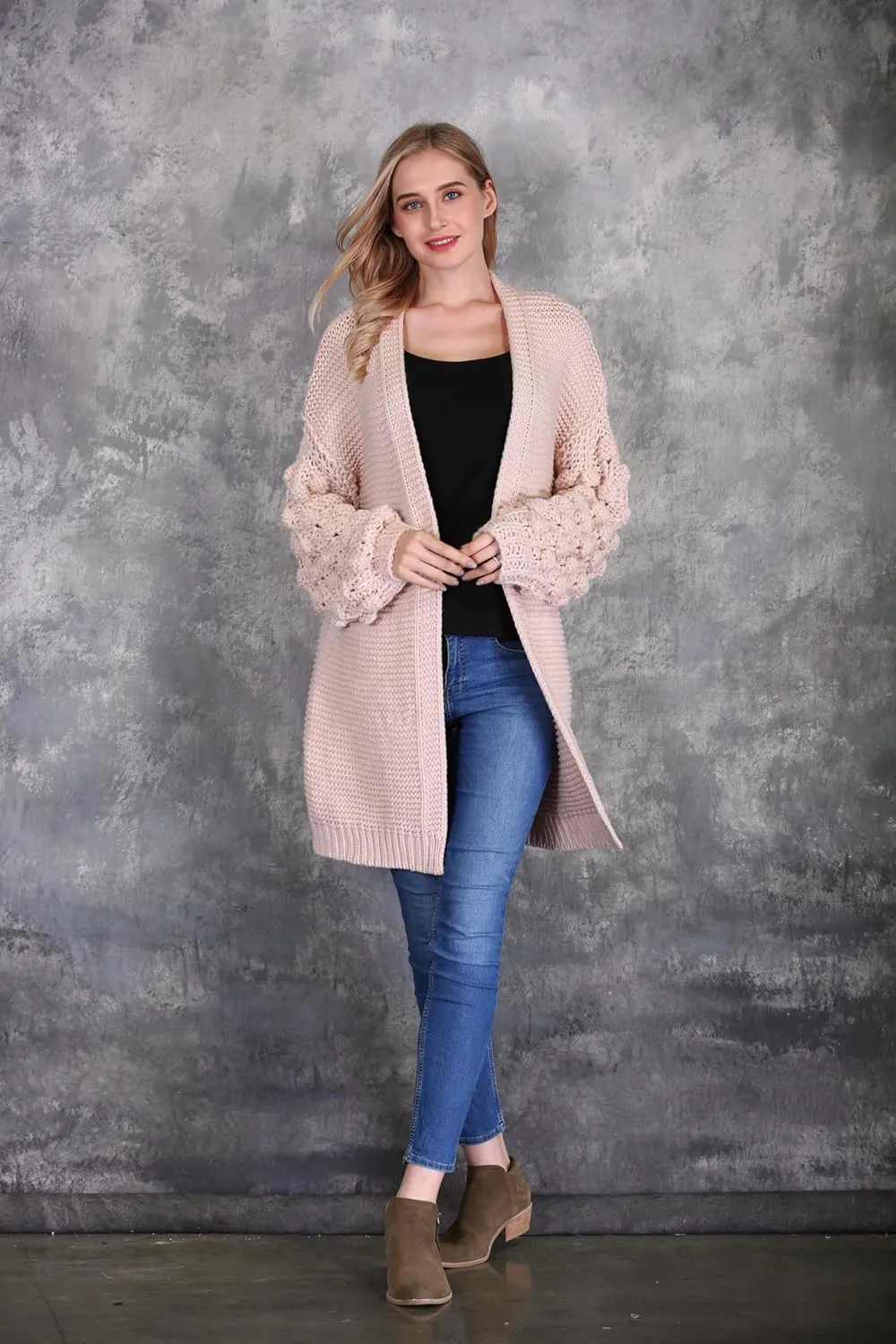 SIMPLY COUTURE Women's Winter Open Front Pom Pom Long Sleeve Knit Cardigan Sweater