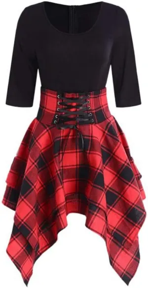 Skater Dresses for Women,Summer Casual Lace-up Gingham Tank Dress High Waist Pleated Dress for School Girl