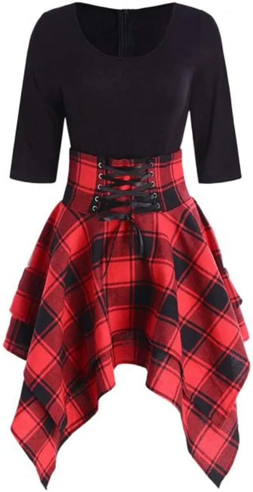 Skater Dresses for Women,Summer Casual Lace-up Gingham Tank Dress High Waist Pleated Dress for School Girl
