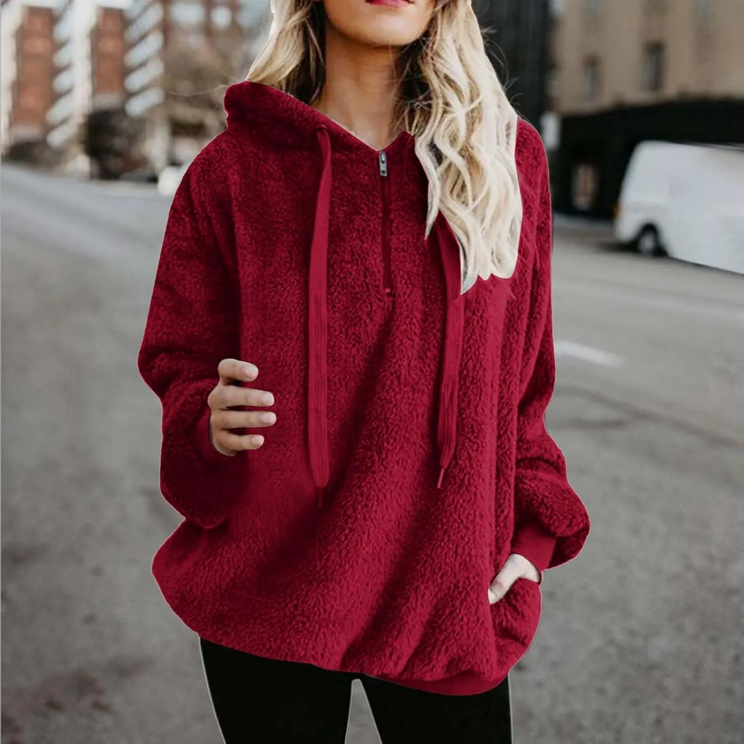 SMIDOW Womens Fuzzy Hoodies Cozy Oversized Hooded Sweatshirt Fleece Pullover Winter Warm Wool Zipper Pockets Coat Outwear