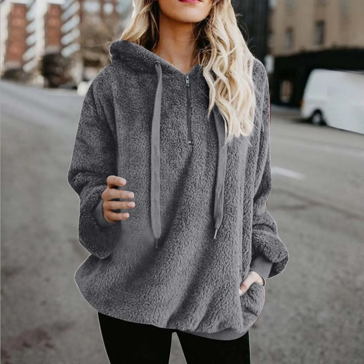 SMIDOW Womens Fuzzy Hoodies Cozy Oversized Hooded Sweatshirt Fleece Pullover Winter Warm Wool Zipper Pockets Coat Outwear