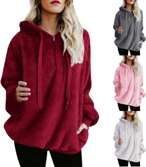 SMIDOW Womens Fuzzy Hoodies Cozy Oversized Hooded Sweatshirt Fleece Pullover Winter Warm Wool Zipper Pockets Coat Outwear