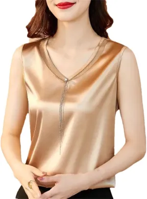 Solid Color Lace Satin V-Neck Vest Women's Summer Loose Diamonds Tops Sleeveless All-Match Camisole