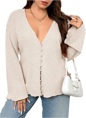 SOLY HUX Women's Button Down Deep V Neck Cardigan Sweater Long Sleeve Shirts Casual Fall Outerwear