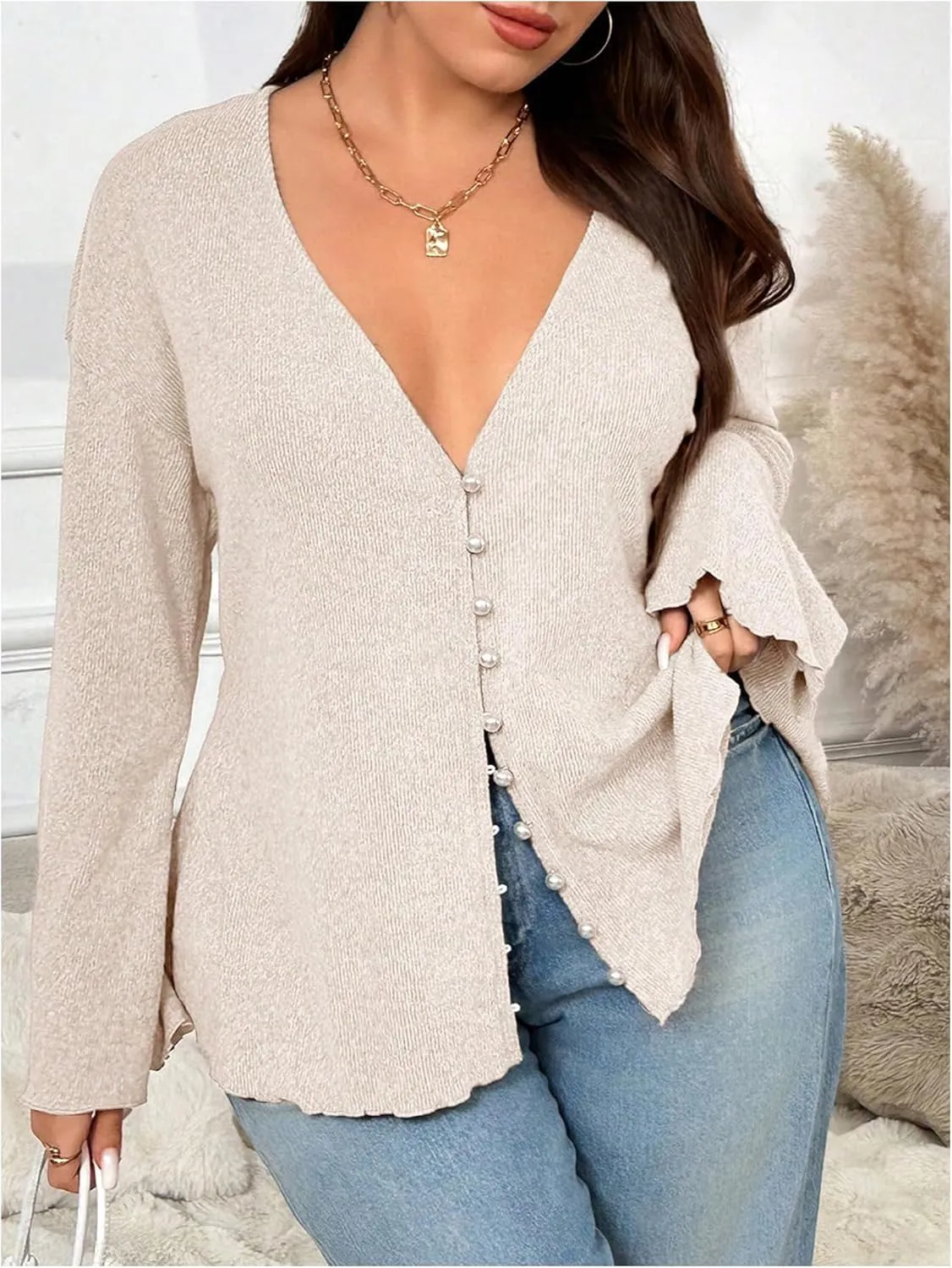 SOLY HUX Women's Button Down Deep V Neck Cardigan Sweater Long Sleeve Shirts Casual Fall Outerwear