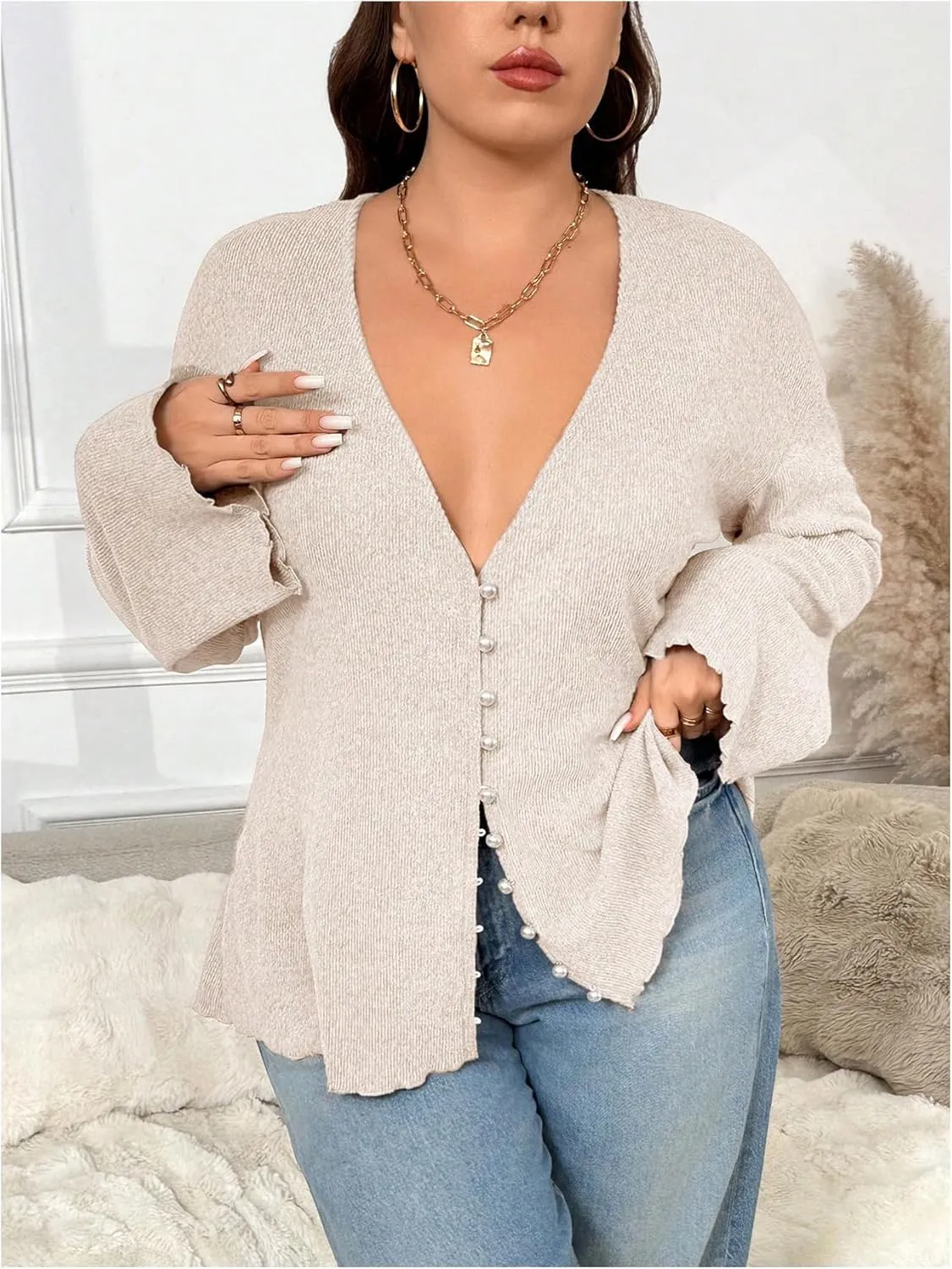 SOLY HUX Women's Button Down Deep V Neck Cardigan Sweater Long Sleeve Shirts Casual Fall Outerwear