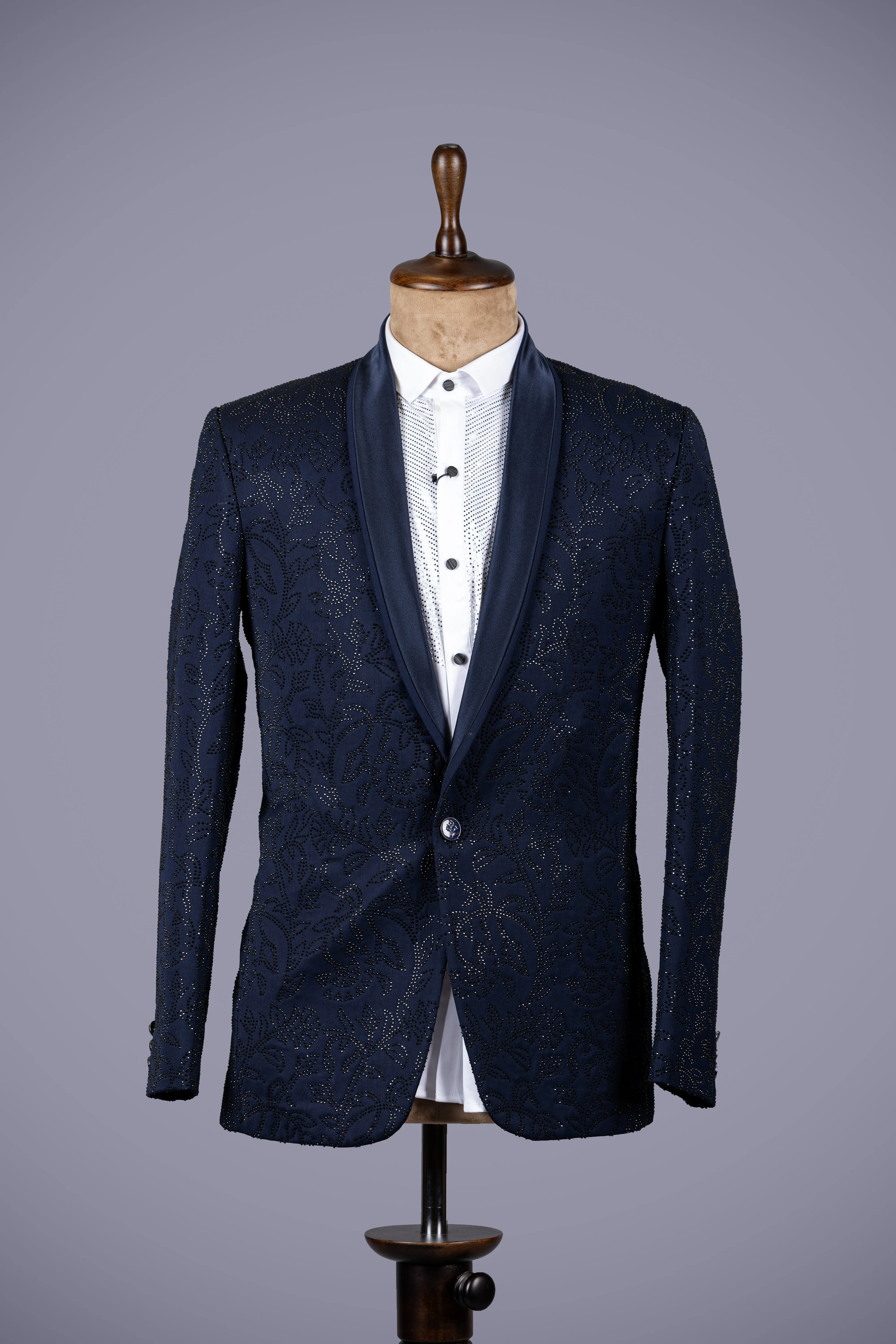 Standout Navy Blue Jacquard Tuxedo Suit