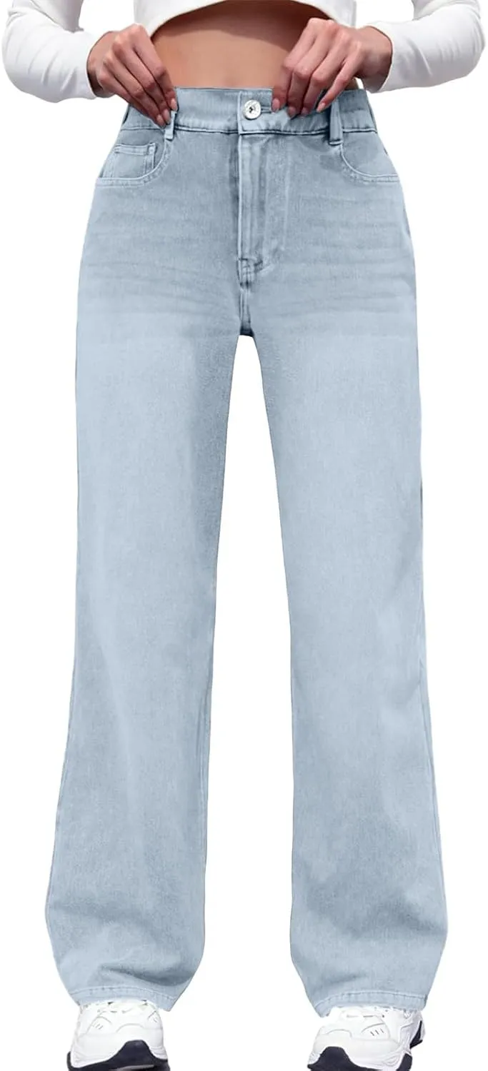 Straight Leg Jeans for Women Casual Elastic High Waisted Denim Pants with Pockets Classic Baggy Y2K Pull On Jean