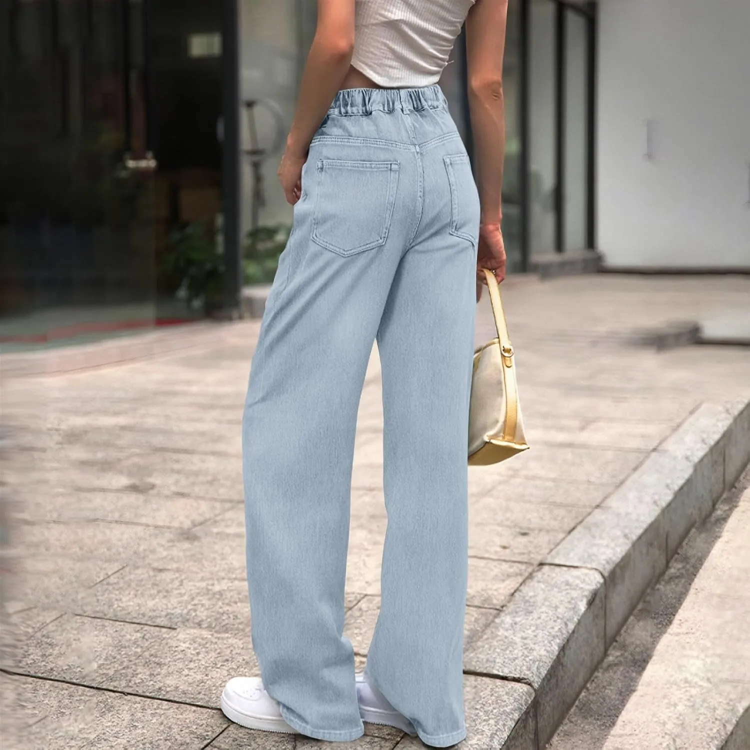Straight Leg Jeans for Women Casual Elastic High Waisted Denim Pants with Pockets Classic Baggy Y2K Pull On Jean