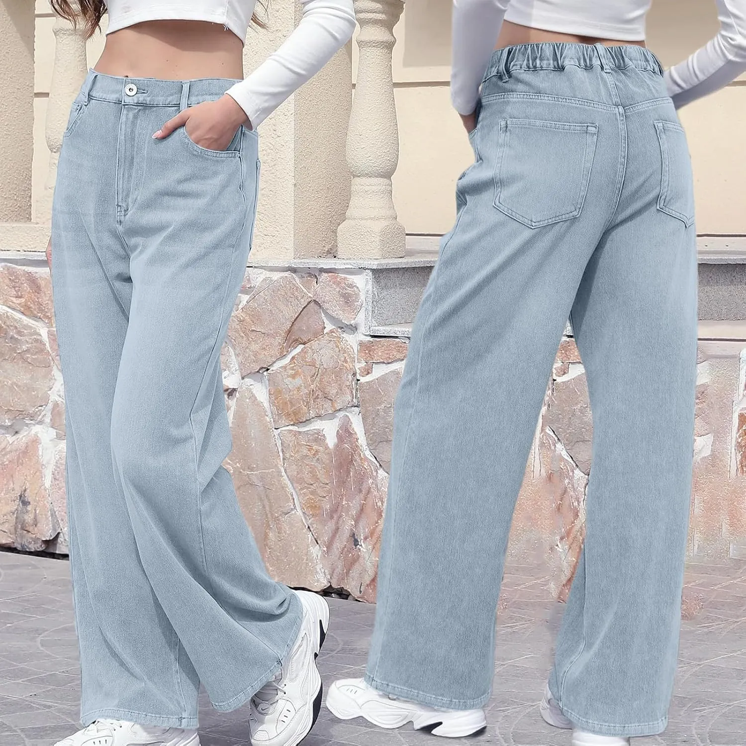 Straight Leg Jeans for Women Casual Elastic High Waisted Denim Pants with Pockets Classic Baggy Y2K Pull On Jean