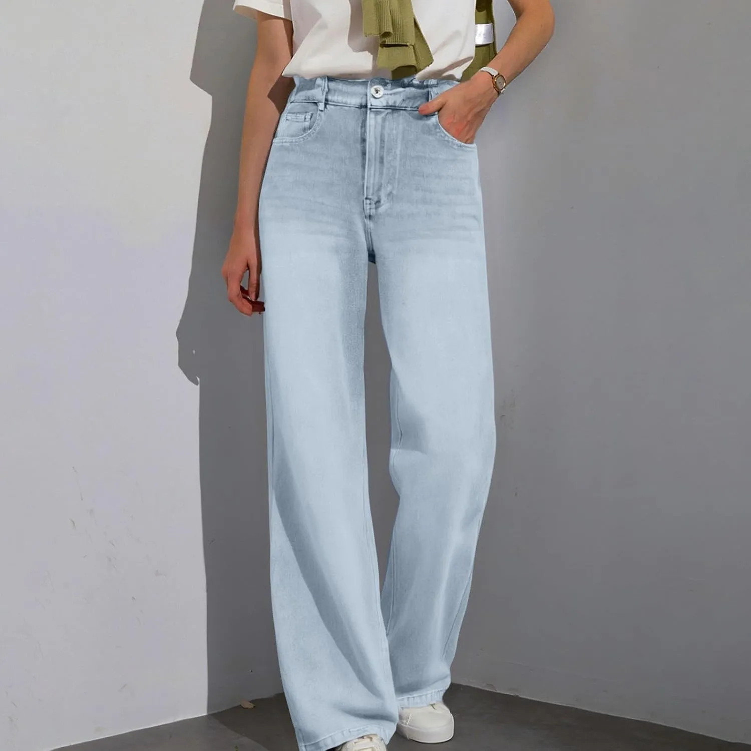 Straight Leg Jeans for Women Casual Elastic High Waisted Denim Pants with Pockets Classic Baggy Y2K Pull On Jean