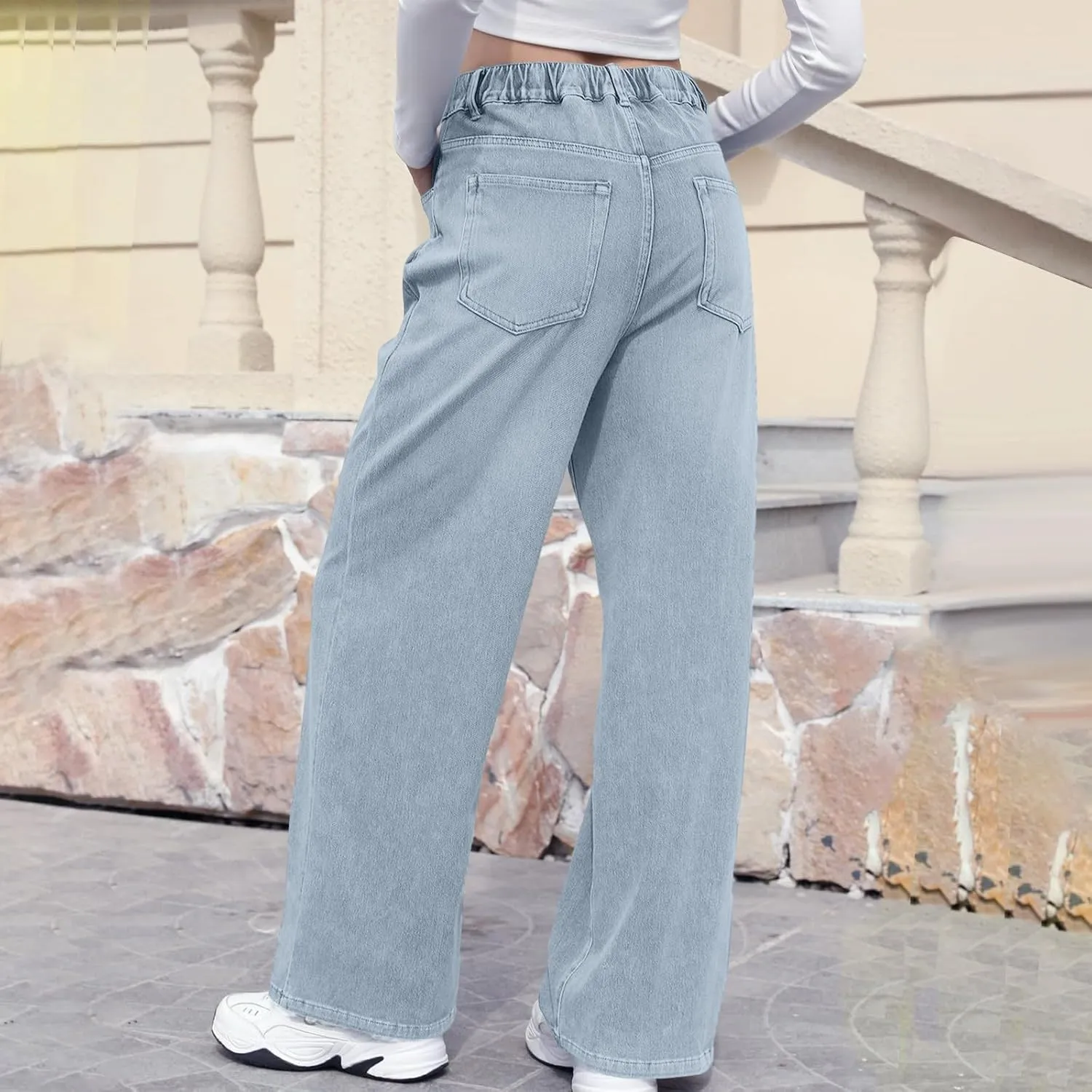Straight Leg Jeans for Women Casual Elastic High Waisted Denim Pants with Pockets Classic Baggy Y2K Pull On Jean