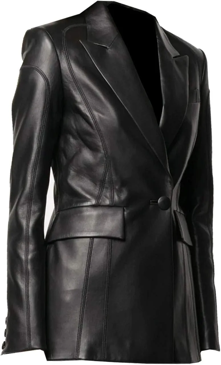 Stripcial Leather One Button Classic Real Leather Jacket for Women
