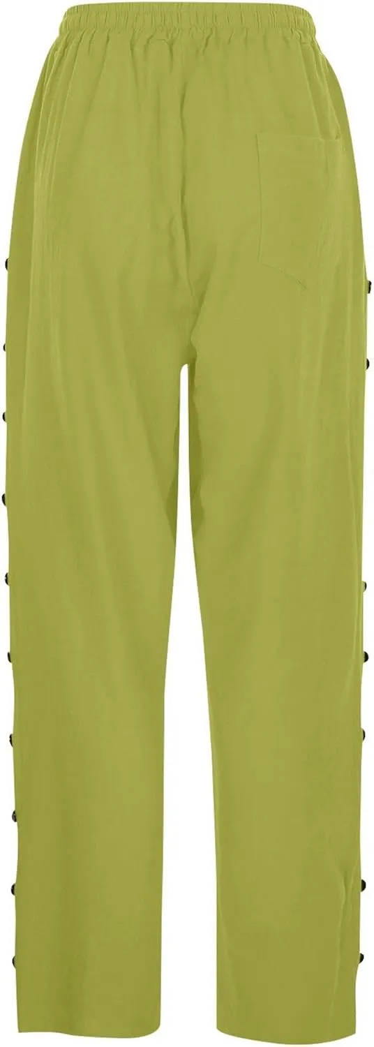 Striped Linen Pants Women Summer Casual Boho Beach Pants Lightweight Elastic Waist Capri Pants Side Button Trousers